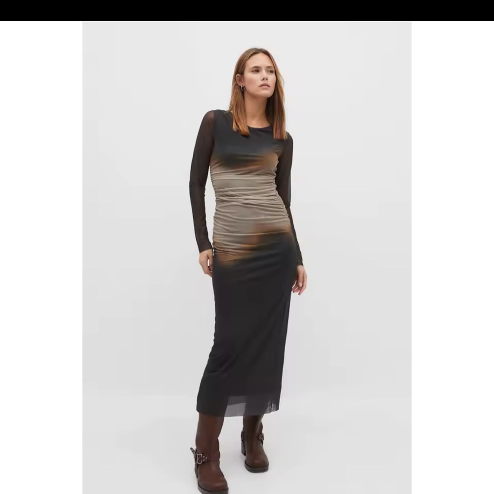 Pleated Mesh Maxi Dress with Fit Long Sleeve Crewneck Slit Thigh Bodycon Ruched